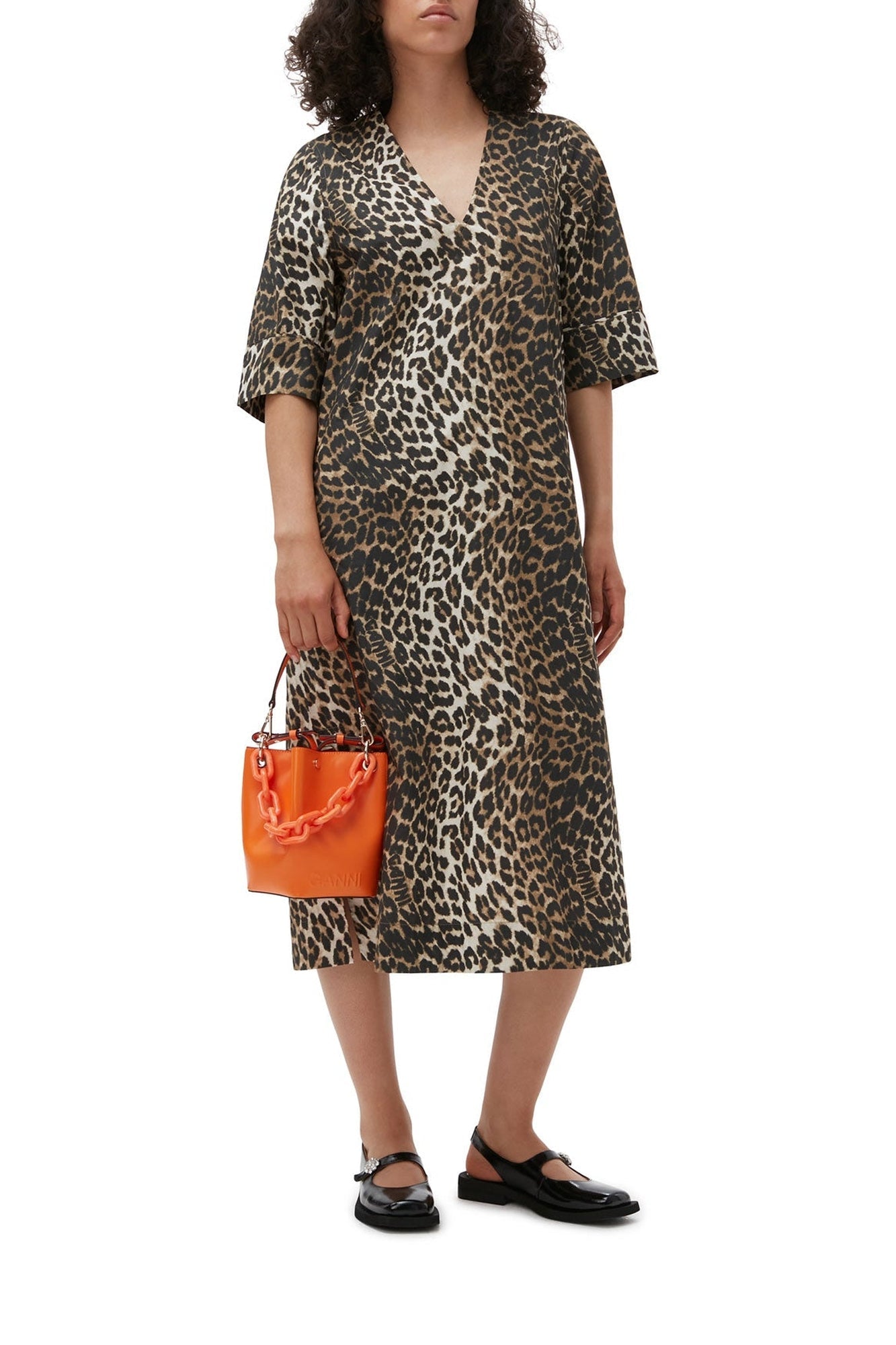 Loose-fit midi dress in printed cotton - Leopard Almond Milk