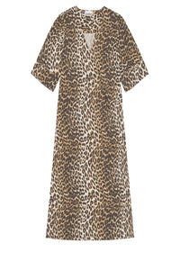 Loose-fit midi dress in printed cotton - Leopard Almond Milk