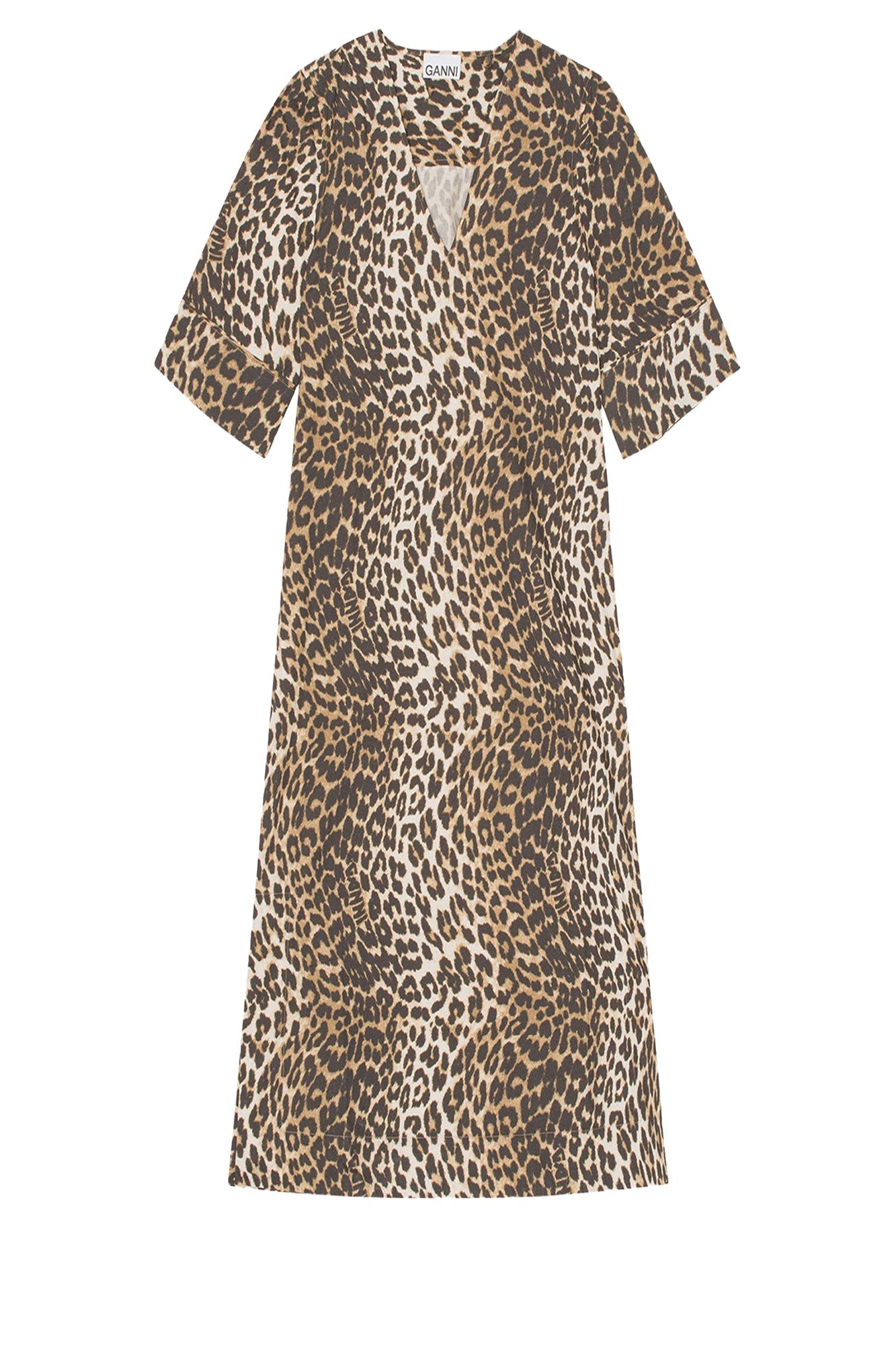 Loose-fit midi dress in printed cotton - Leopard Almond Milk
