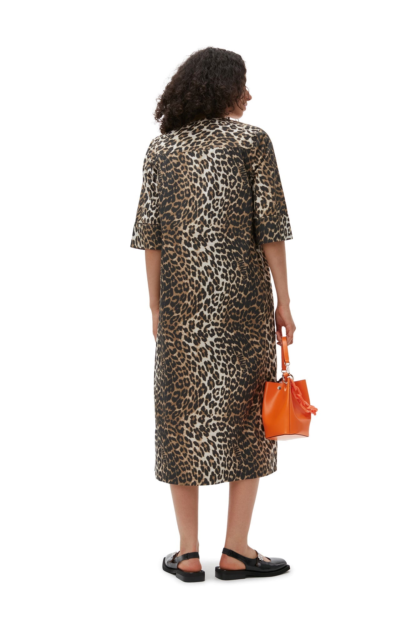 Loose-fit midi dress in printed cotton - Leopard Almond Milk