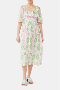 Robe midi en georgette plissée à smocks - Pink Tulle
