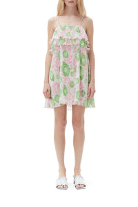Robe courte à bretelles en georgette plissée - Pink Tulle