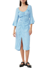 Robe midi froncée en crêpe imprimé - Strong Blue