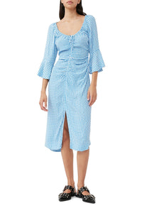 Robe midi froncée en crêpe imprimé - Strong Blue