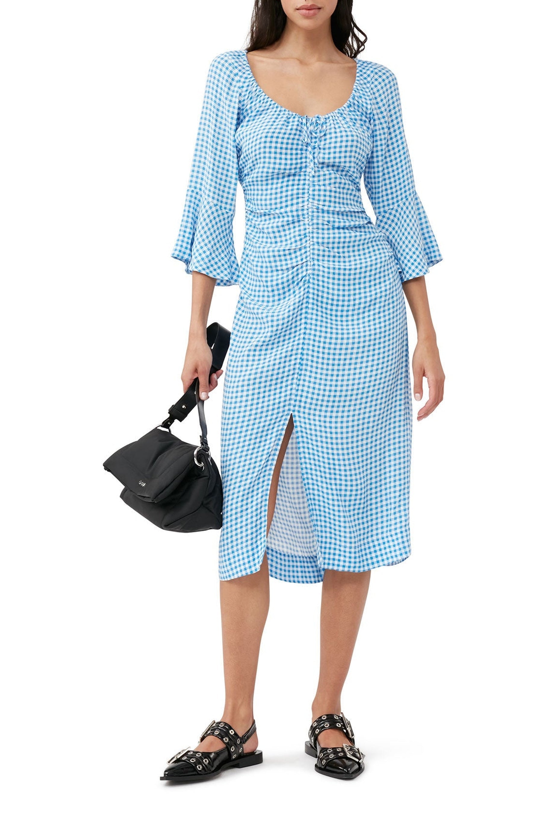 Robe midi froncée en crêpe imprimé - Strong Blue