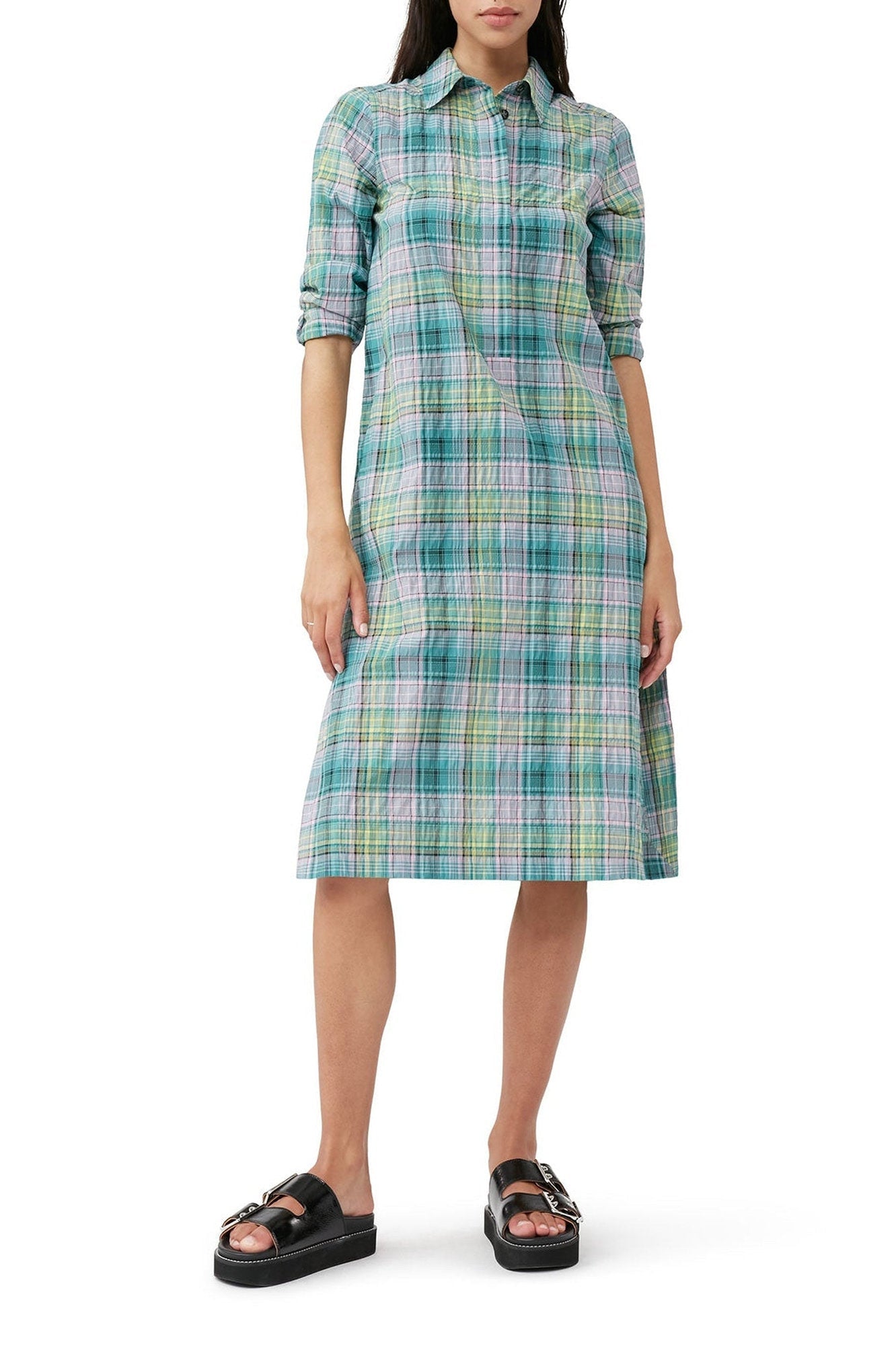 Robe chemise à carreaux en crêpe - Lagoon