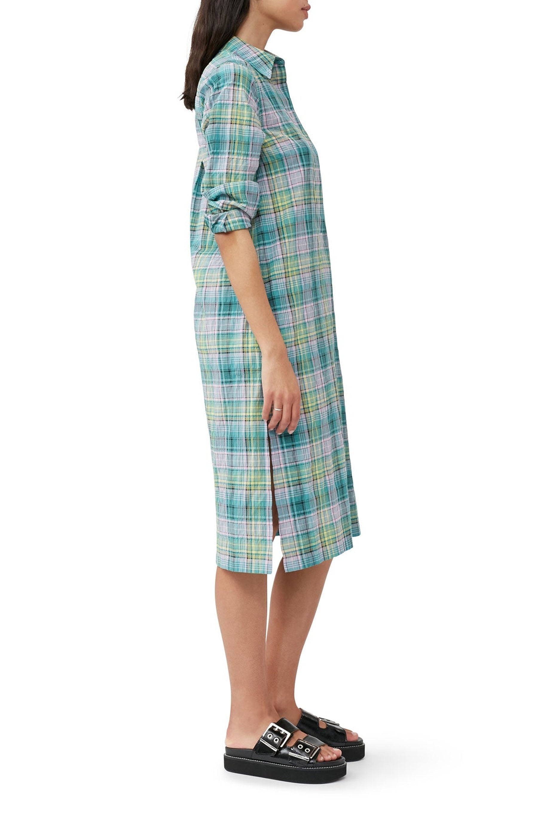 Robe chemise à carreaux en crêpe - Lagoon