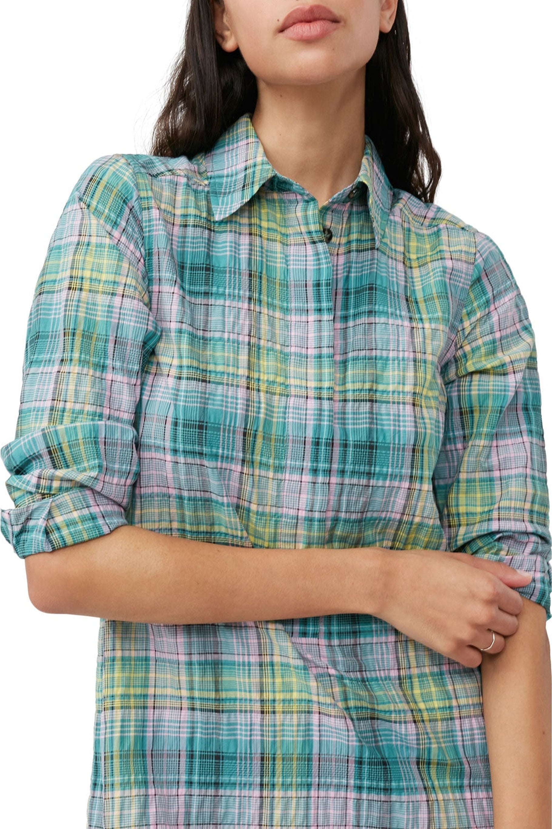 Robe chemise à carreaux en crêpe - Lagoon