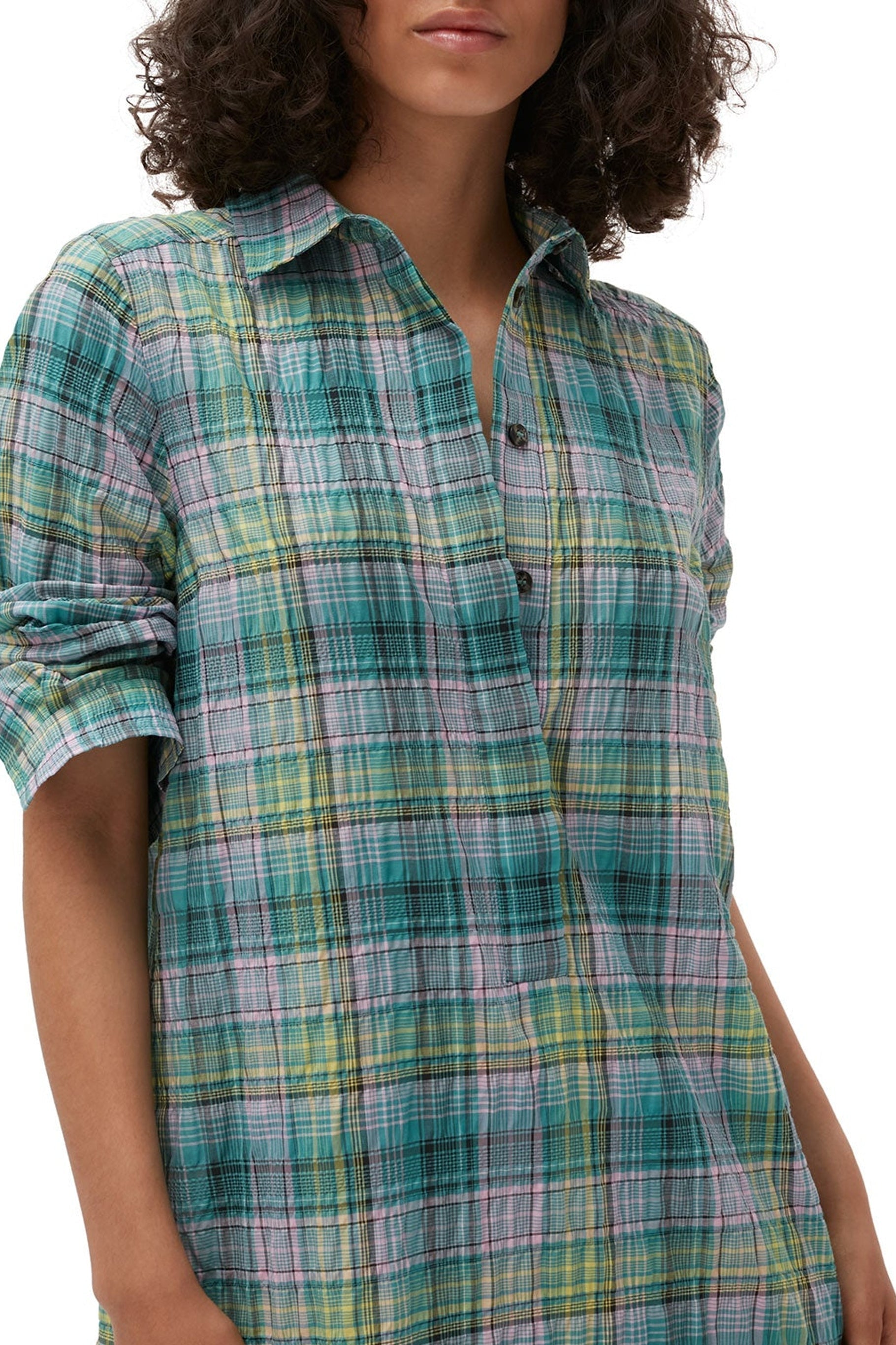 Robe chemise à carreaux en crêpe - Lagoon