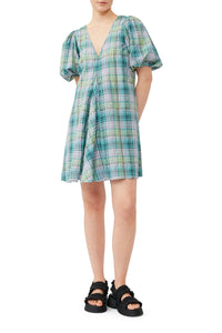 Short crepe V-neck check dress - Lagoon