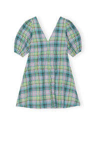Short crepe V-neck check dress - Lagoon