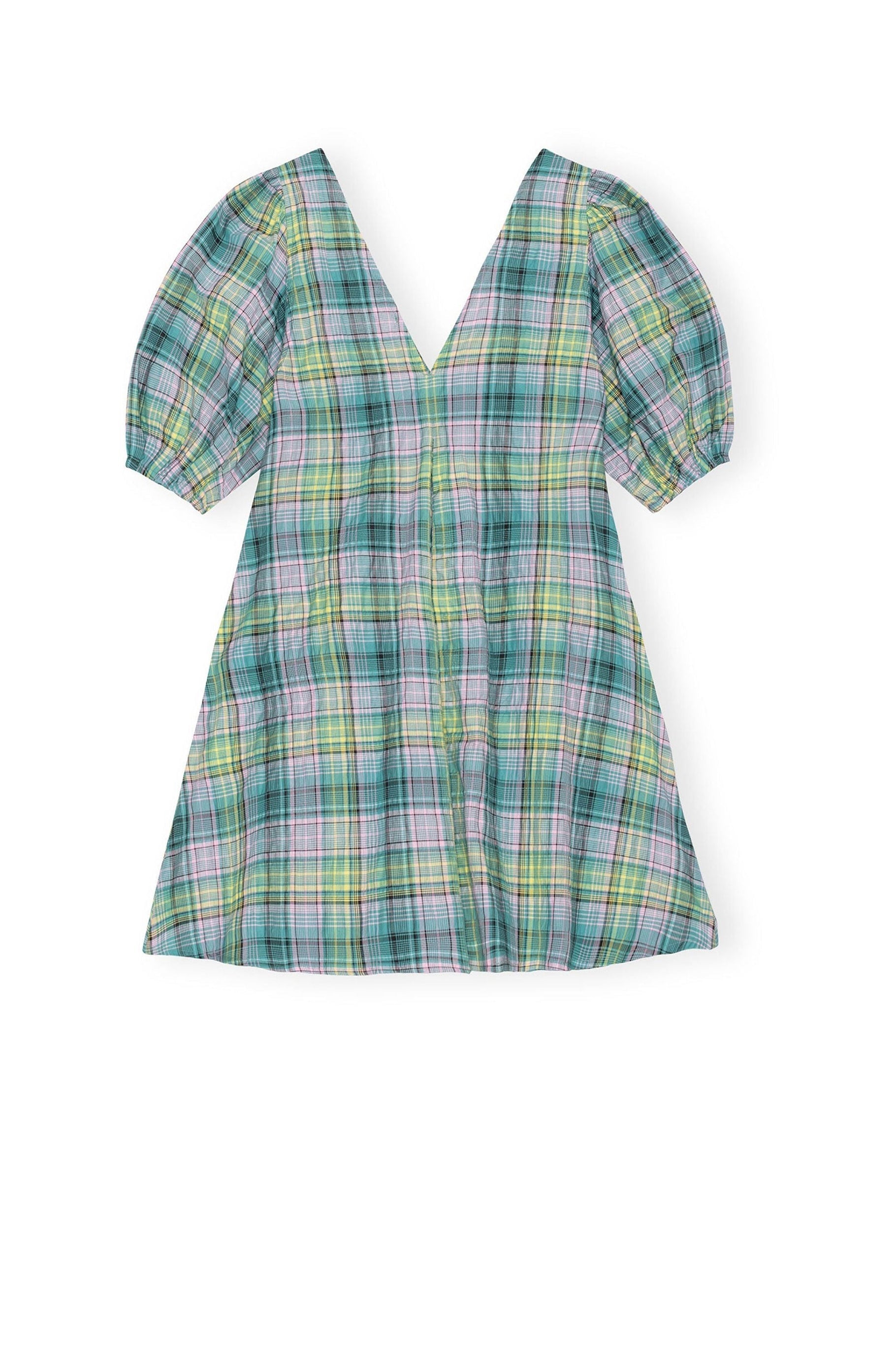Short crepe V-neck check dress - Lagoon