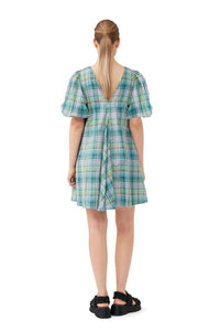 Short crepe V-neck check dress - Lagoon