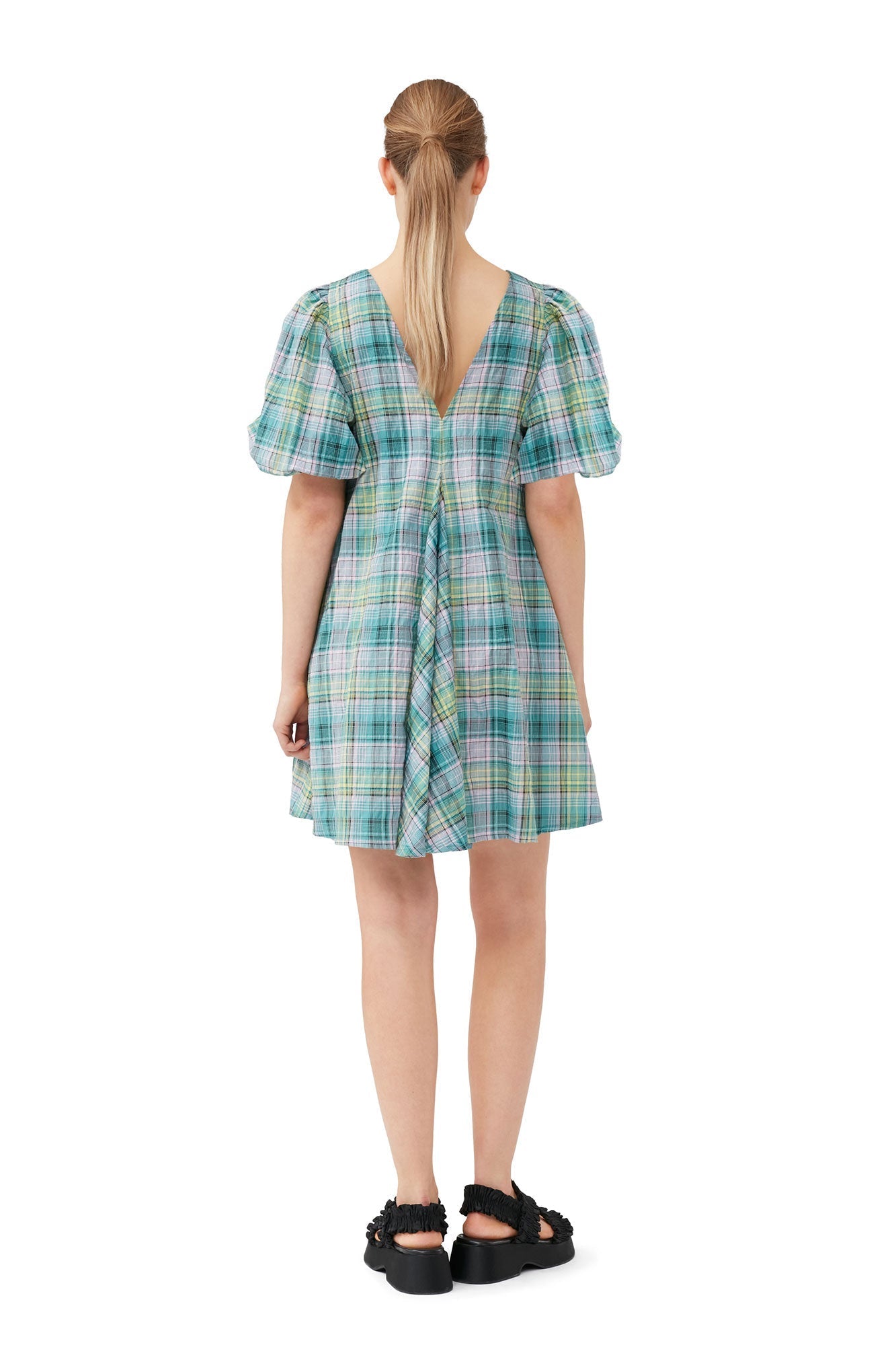 Short crepe V-neck check dress - Lagoon