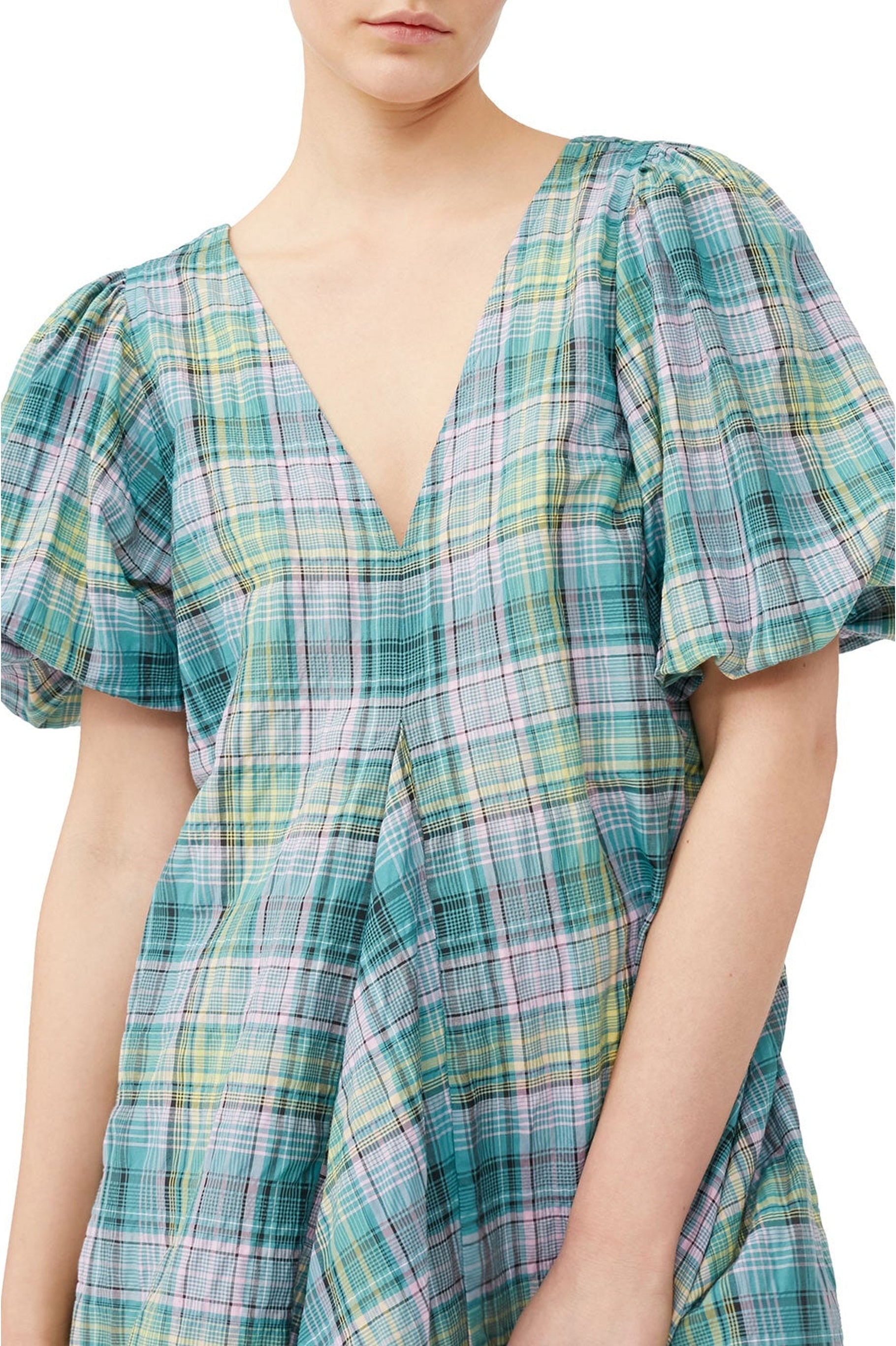 Short crepe V-neck check dress - Lagoon