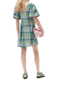 Short crepe V-neck check dress - Lagoon