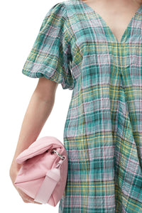 Short crepe V-neck check dress - Lagoon