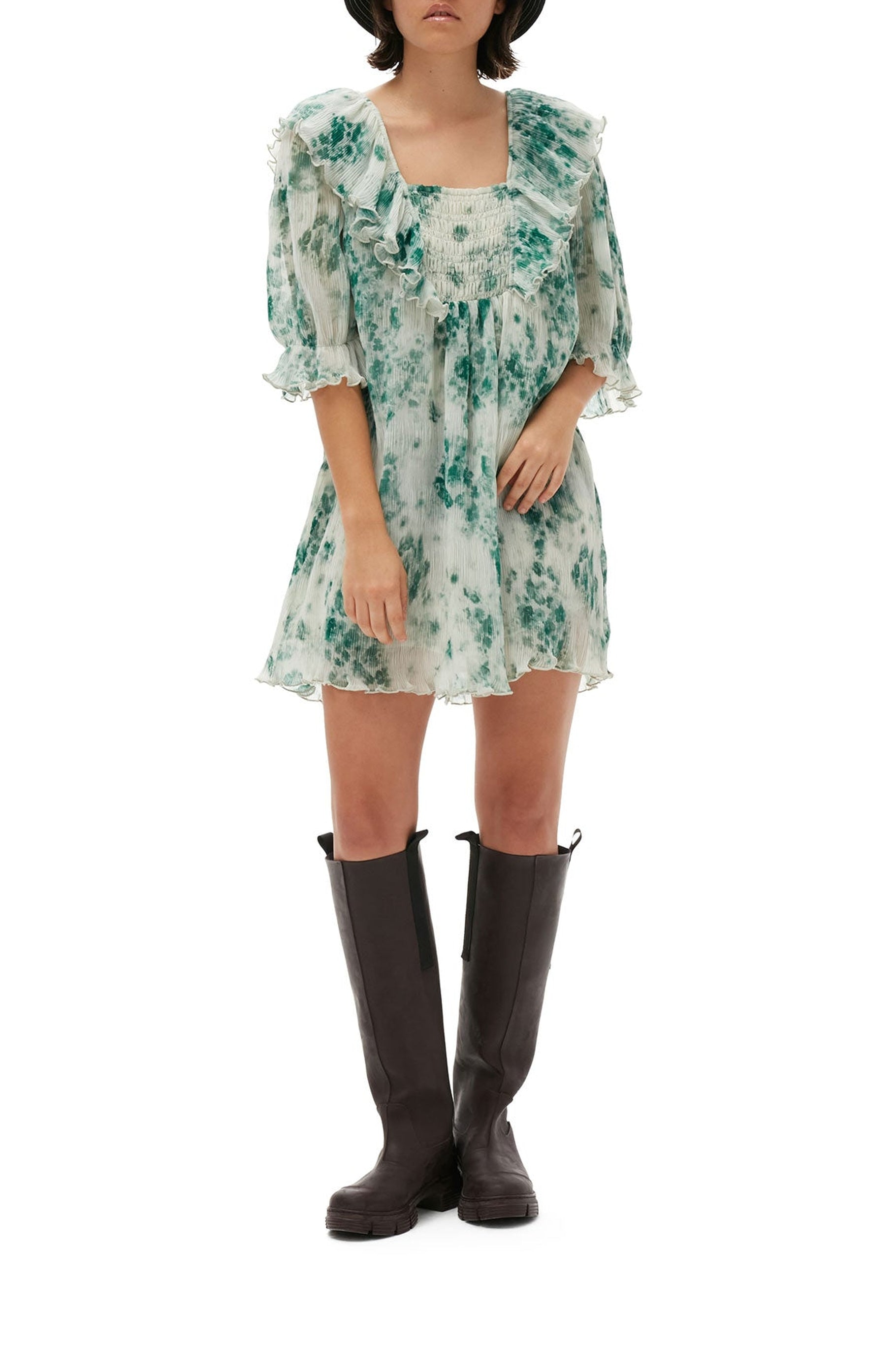 Robe courte à volants en georgette plissée - Egret