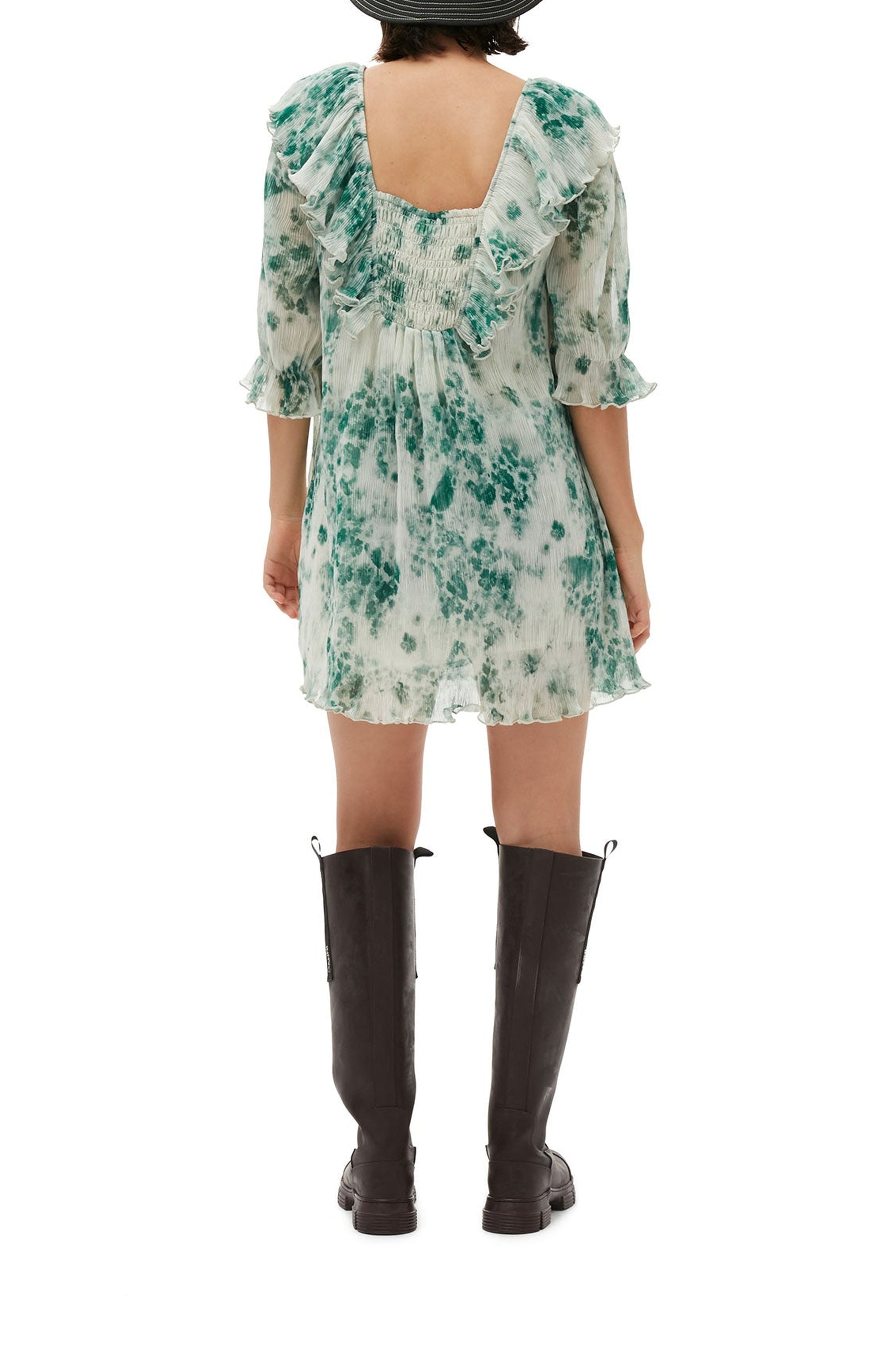 Robe courte à volants en georgette plissée - Egret