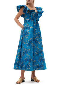 Robe midi à volants 3D en jacquard - Brilliant Blue