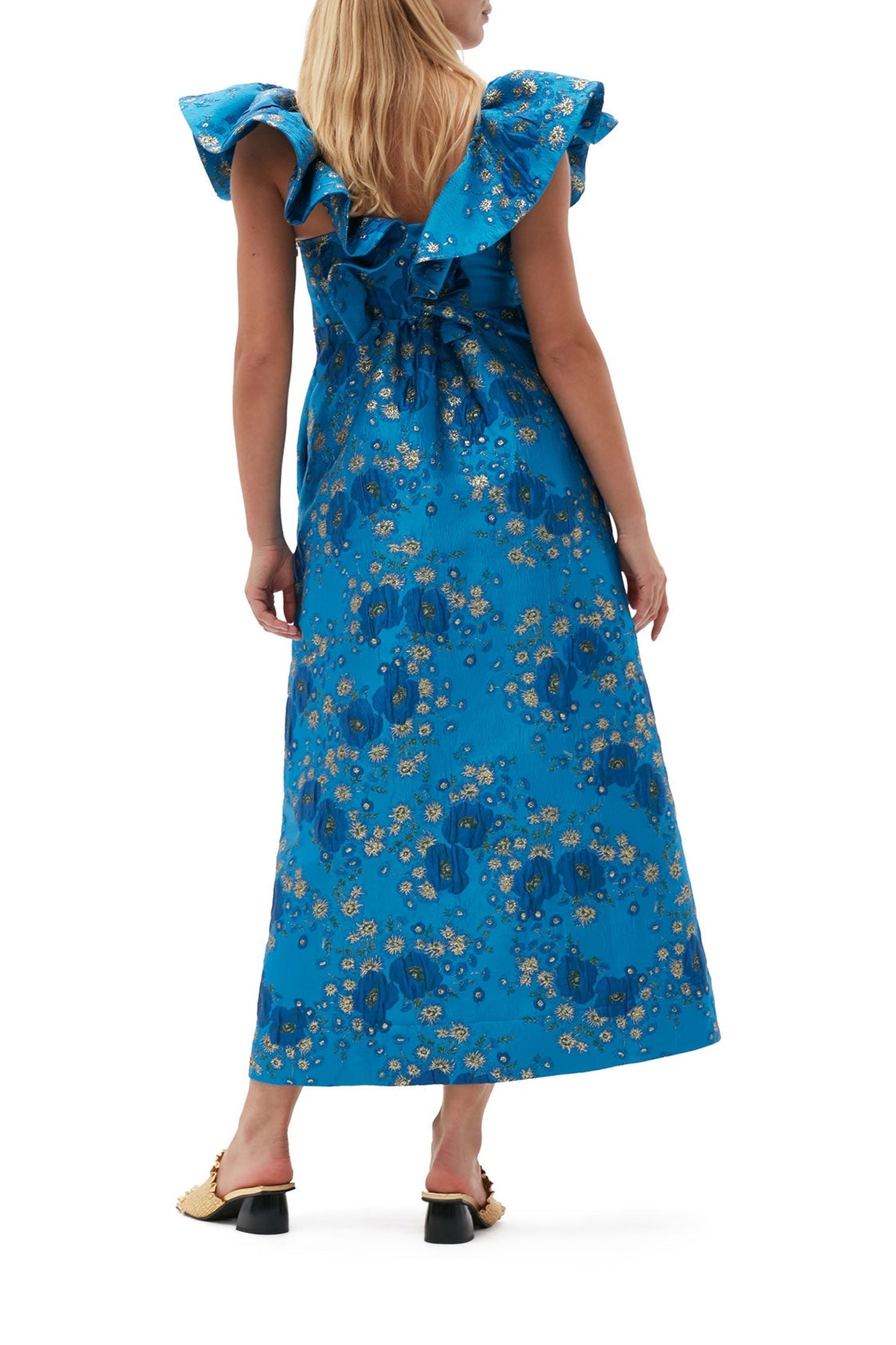 Robe midi à volants 3D en jacquard - Brilliant Blue