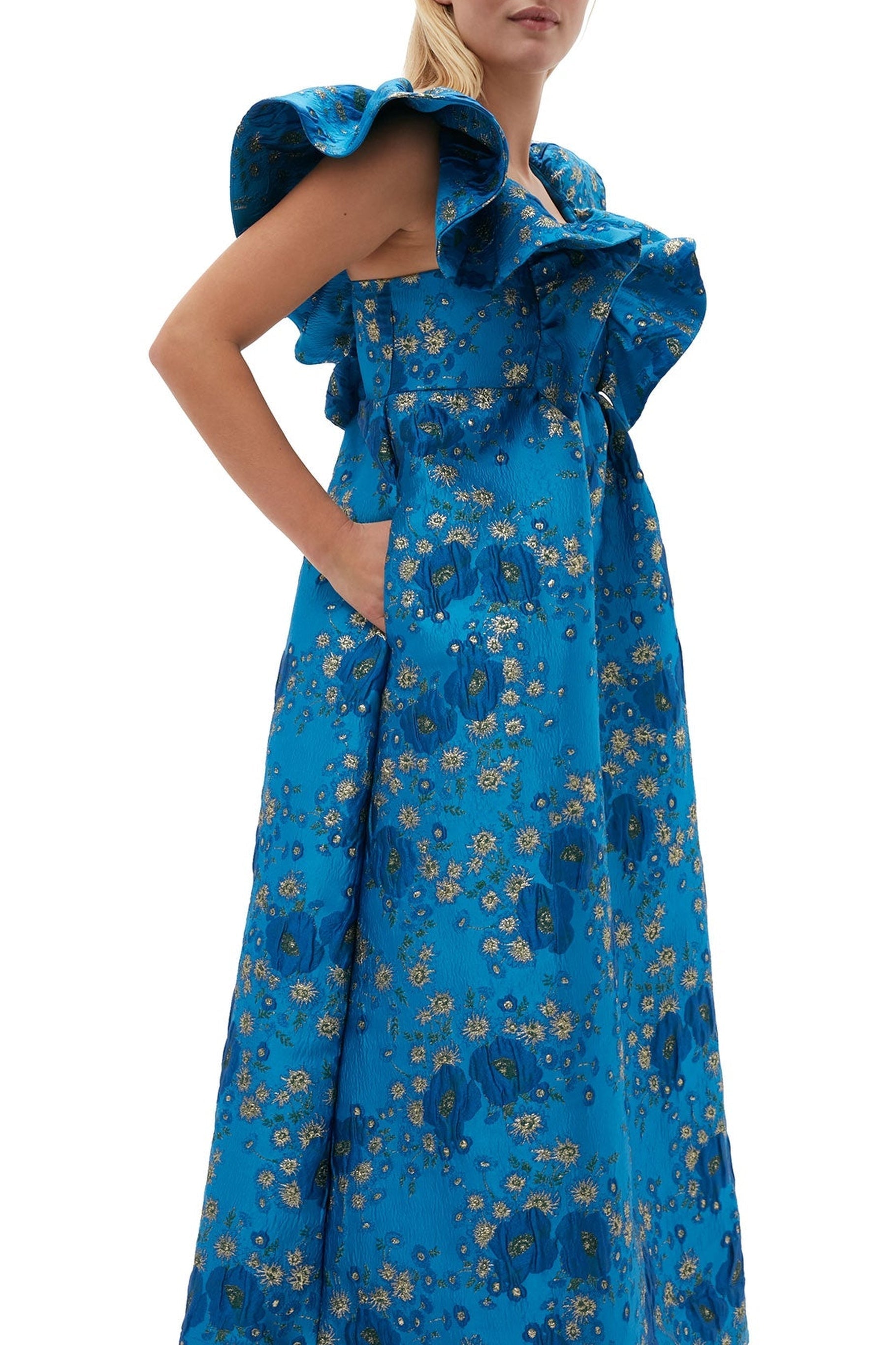 Robe midi à volants 3D en jacquard - Brilliant Blue