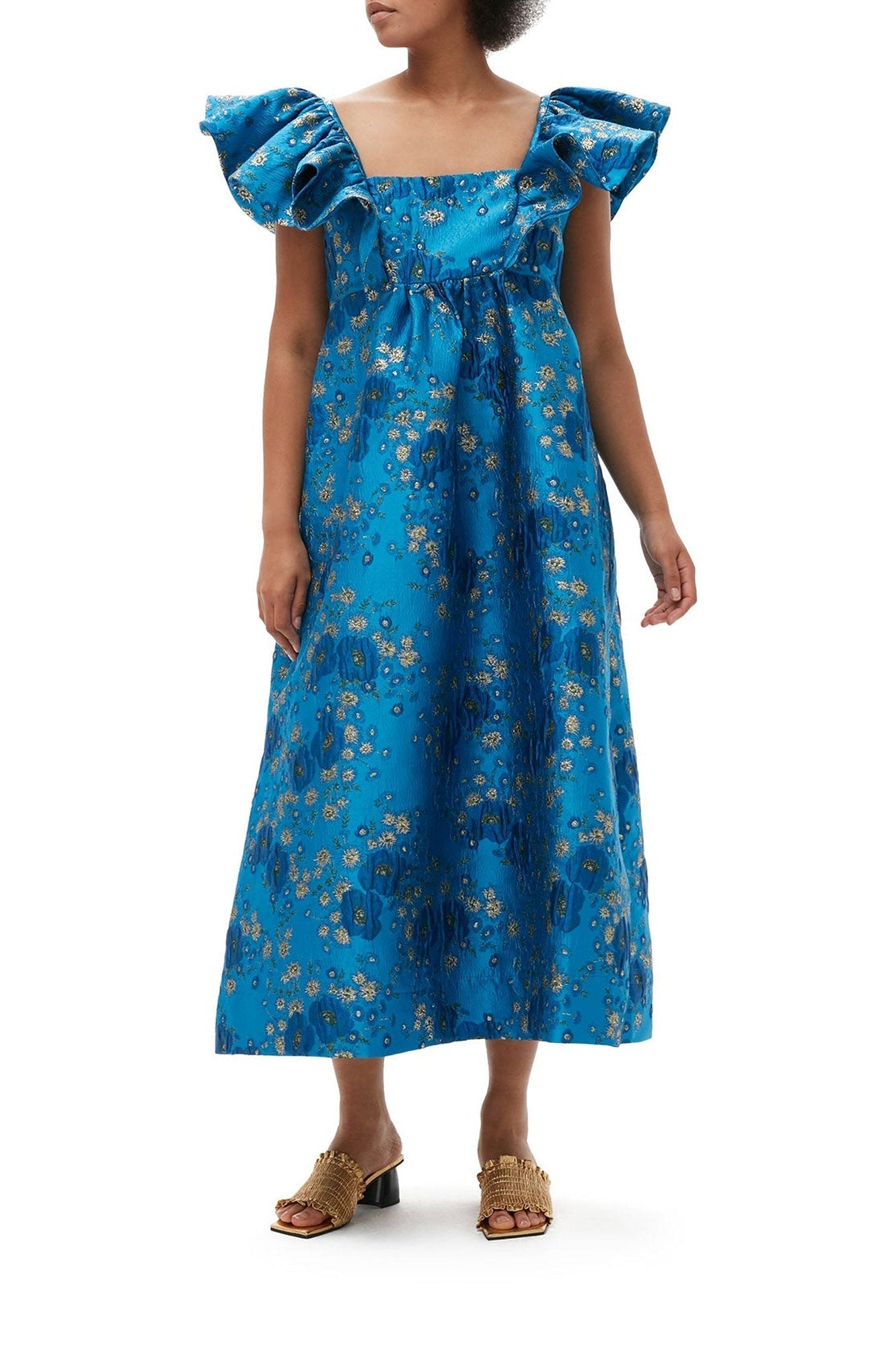 Robe midi à volants 3D en jacquard - Brilliant Blue