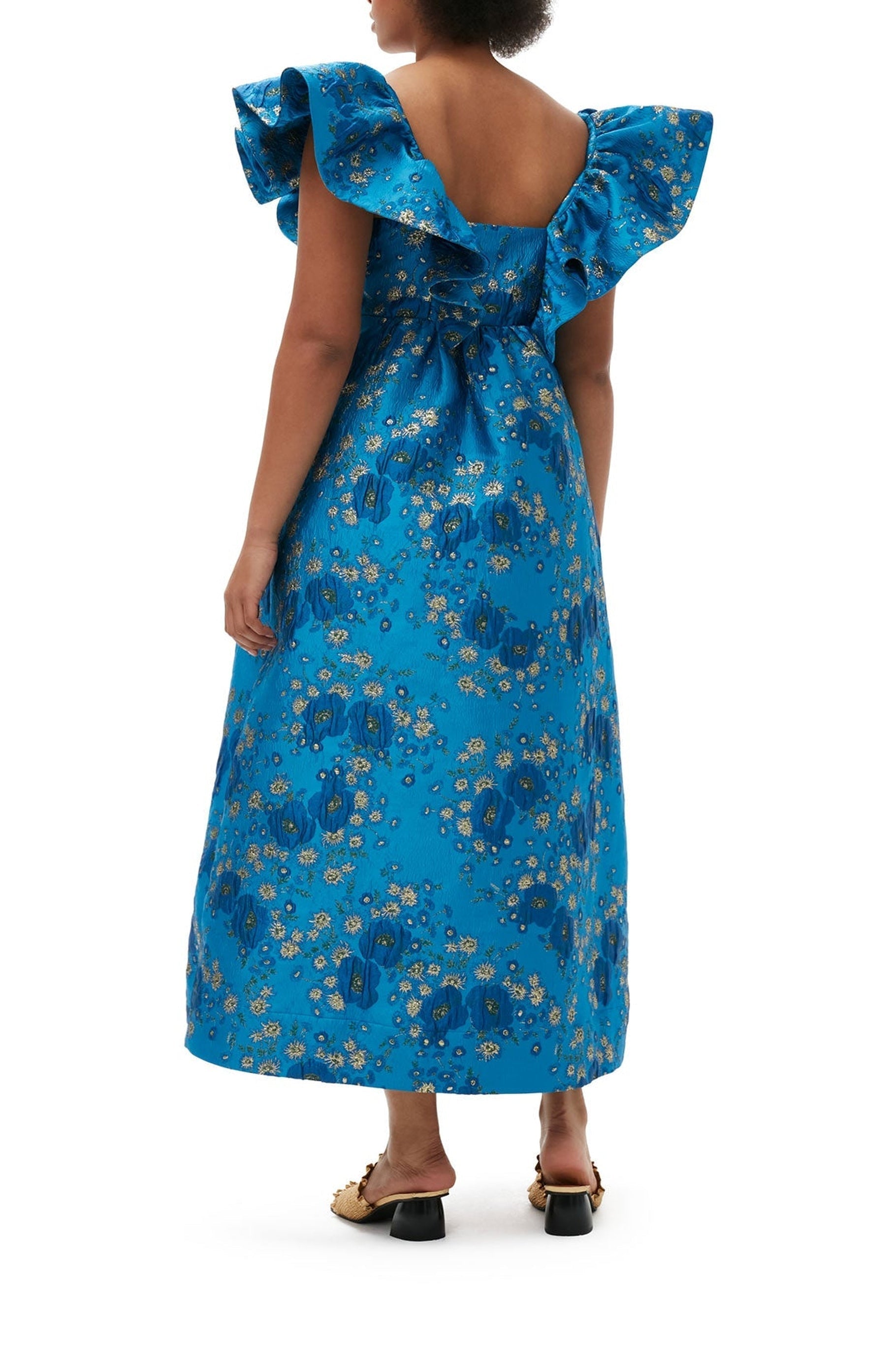 Robe midi à volants 3D en jacquard - Brilliant Blue