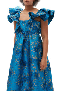 Robe midi à volants 3D en jacquard - Brilliant Blue