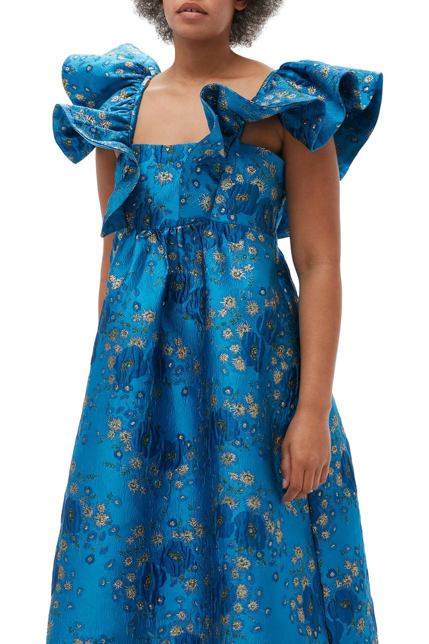 Robe midi à volants 3D en jacquard - Brilliant Blue