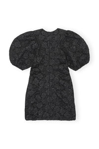 Short jacquard dress with puffed sleeves - Black