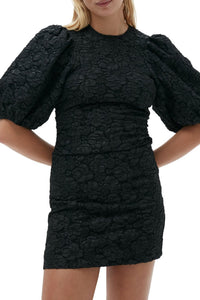 Short jacquard dress with puffed sleeves - Black