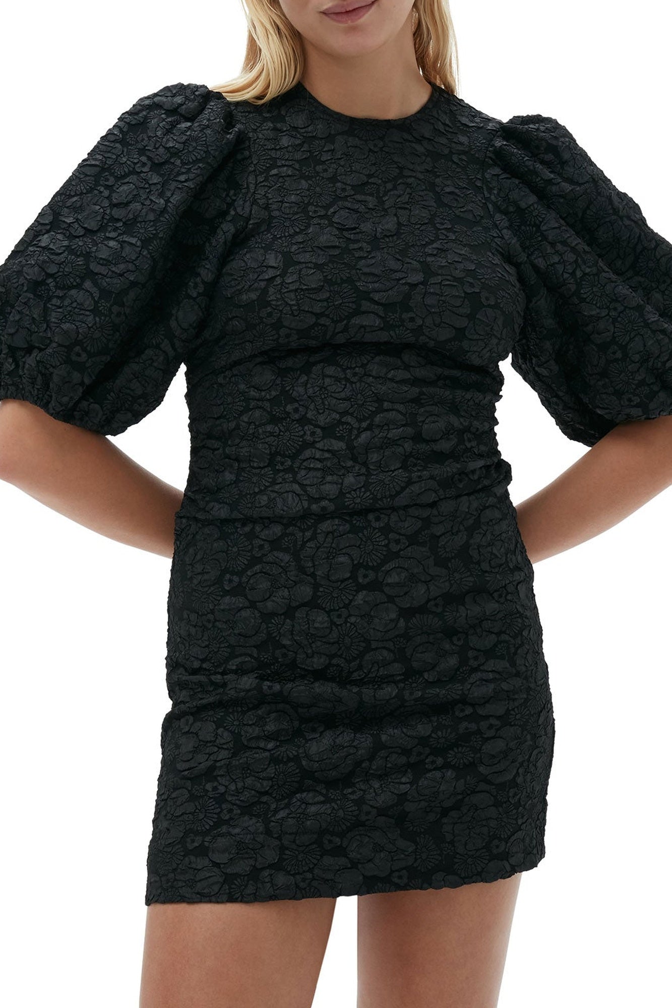 Short jacquard dress with puffed sleeves - Black