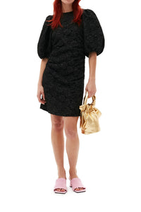 Short jacquard dress with puffed sleeves - Black
