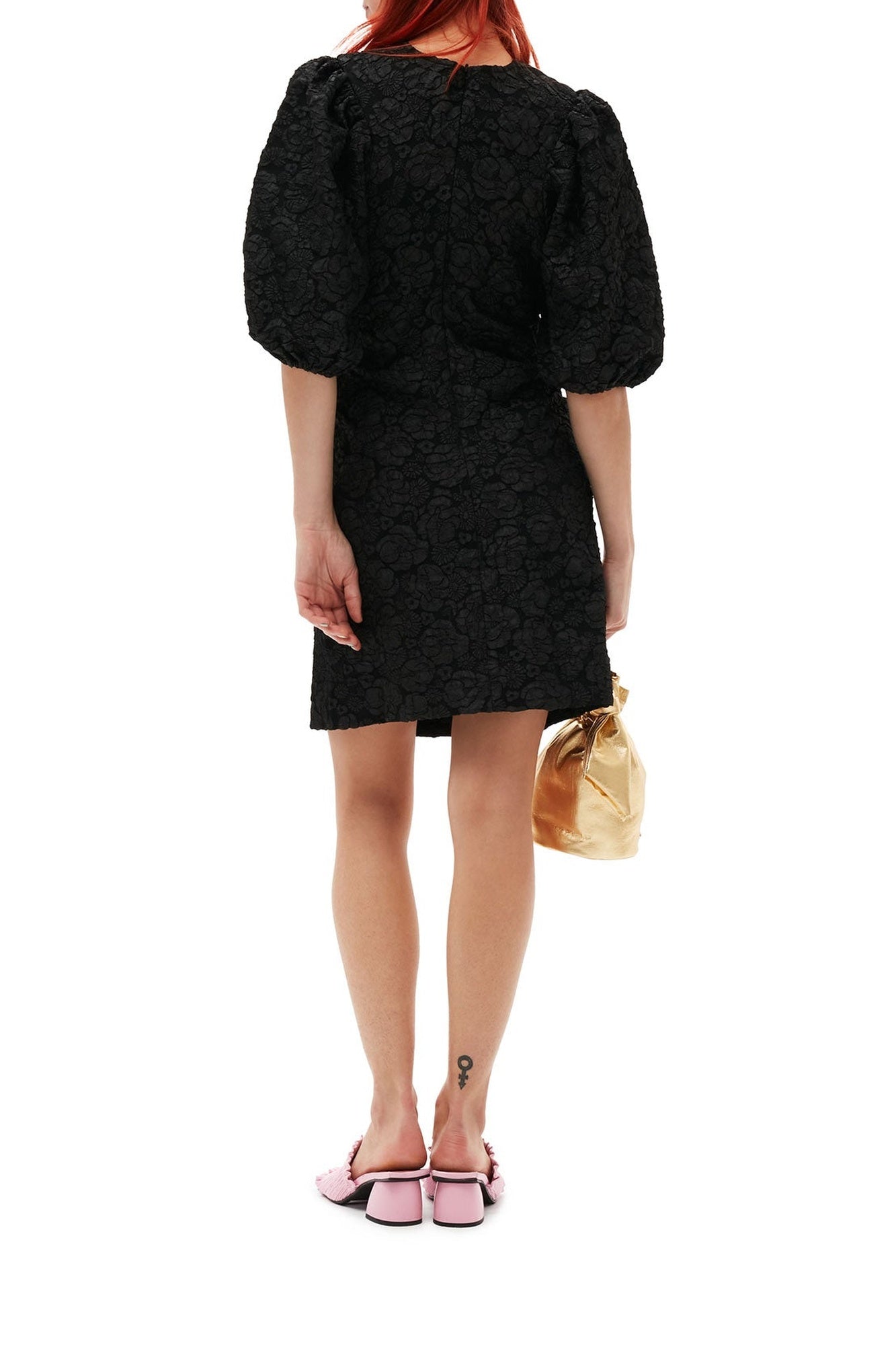 Short jacquard dress with puffed sleeves - Black