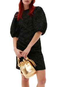 Short jacquard dress with puffed sleeves - Black