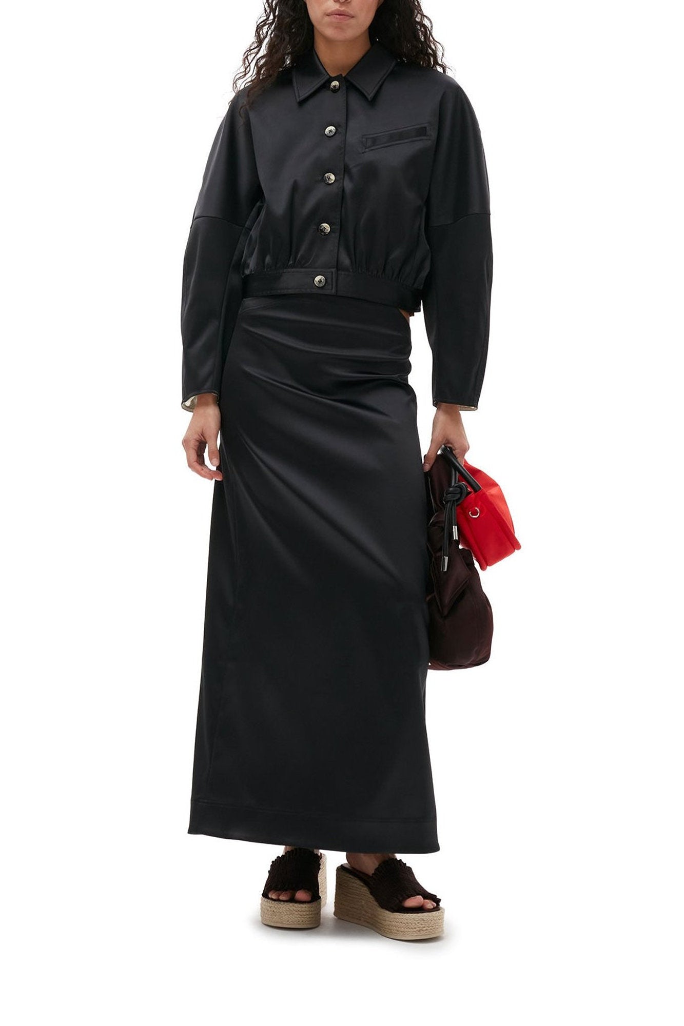 Short satin button-down jacket - Black