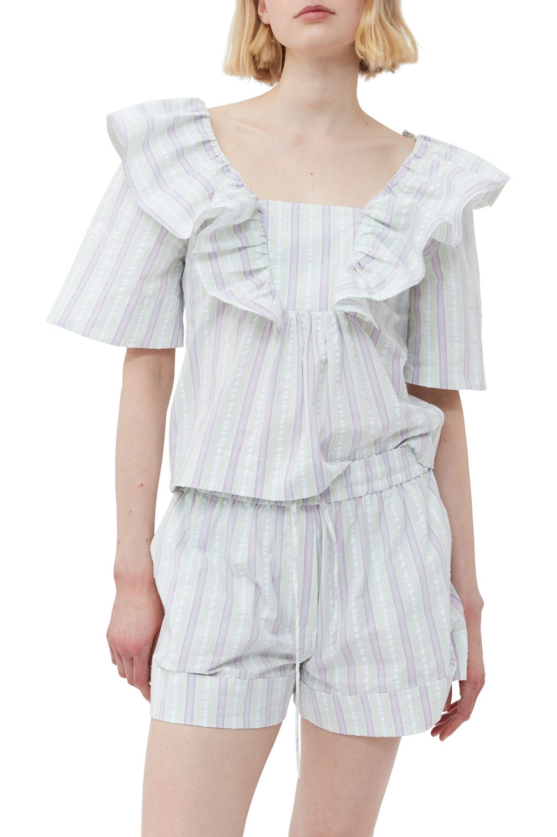 Blouse volantée à rayures en crêpe - Mauve Chalk