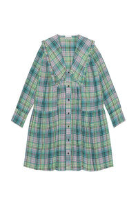 Short loose-fitting crepe check shirt dress - Lagoon