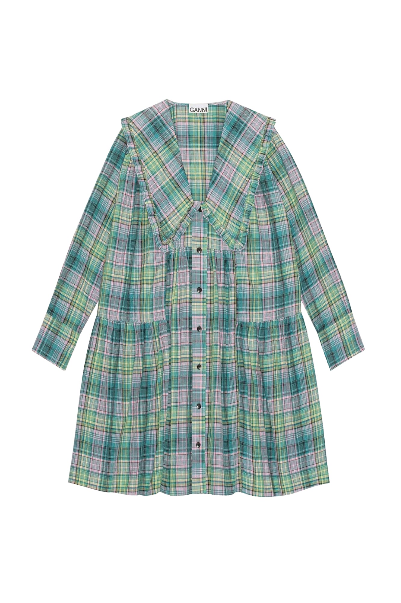 Short loose-fitting crepe check shirt dress - Lagoon