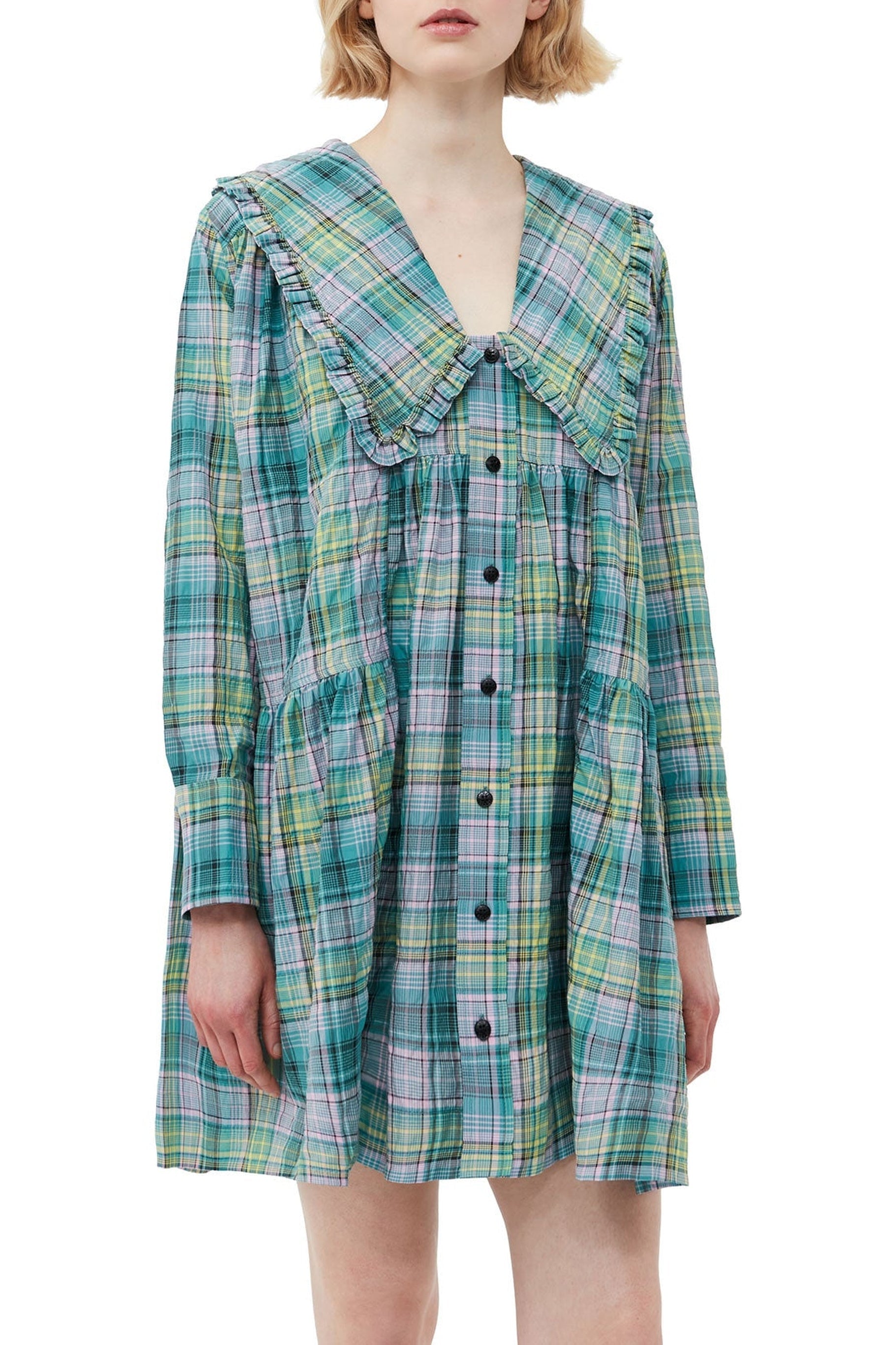 Robe chemise courte ample à carreaux en crêpe - Lagoon