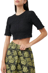 Blouse courte smocké à col rond - Black