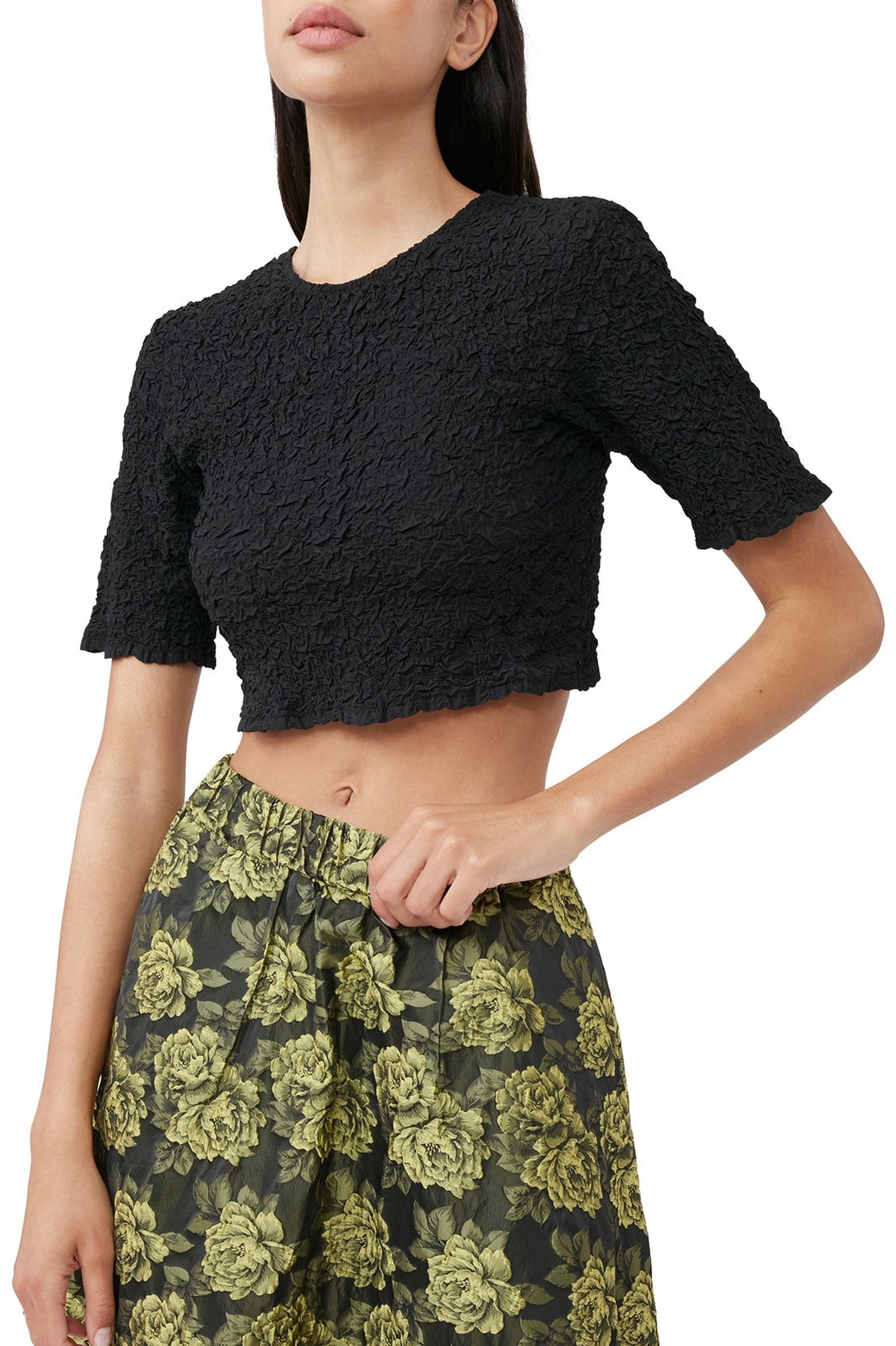 Blouse courte smocké à col rond - Black