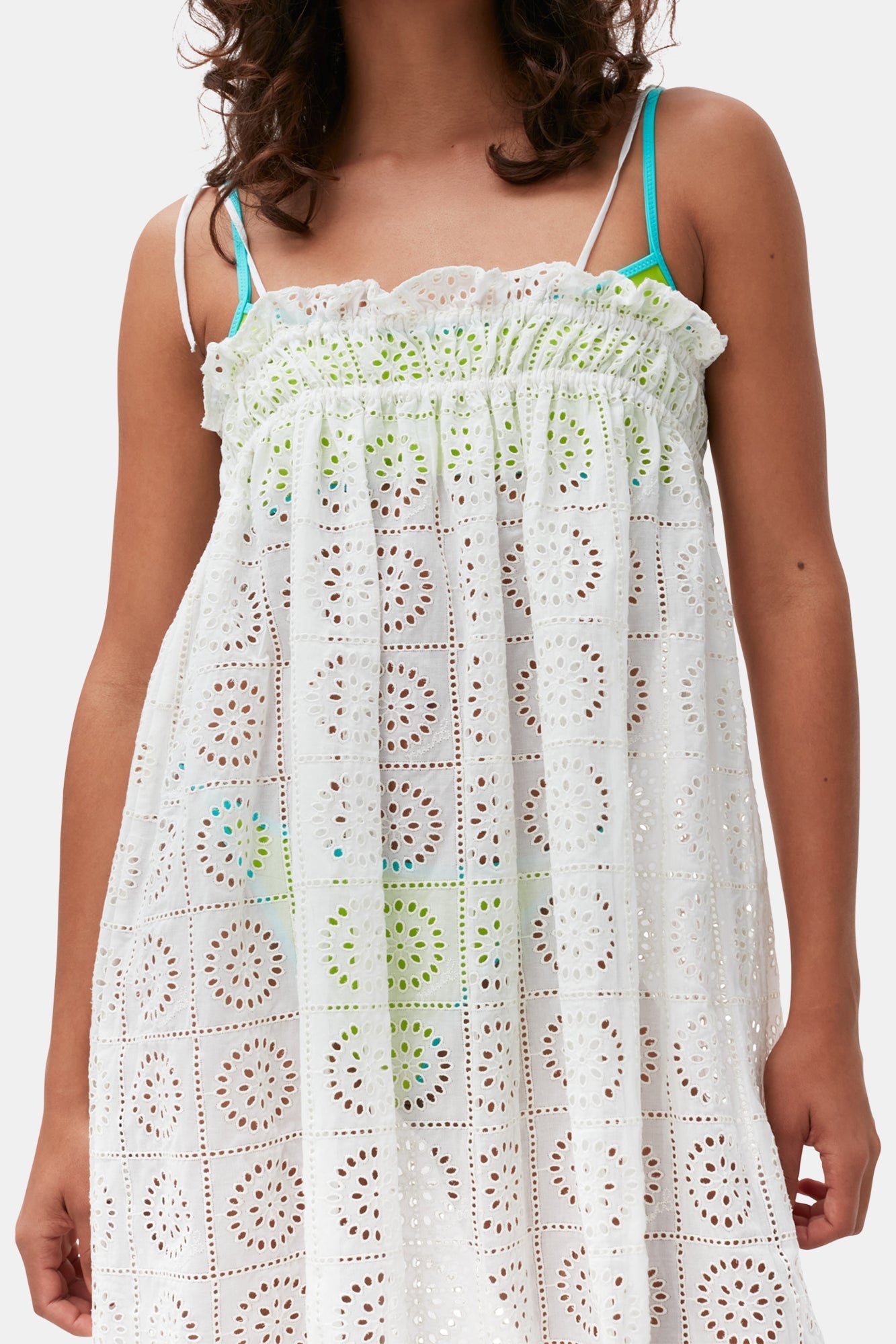 Robe courte à bretelles en broderie anglaise - Bright White