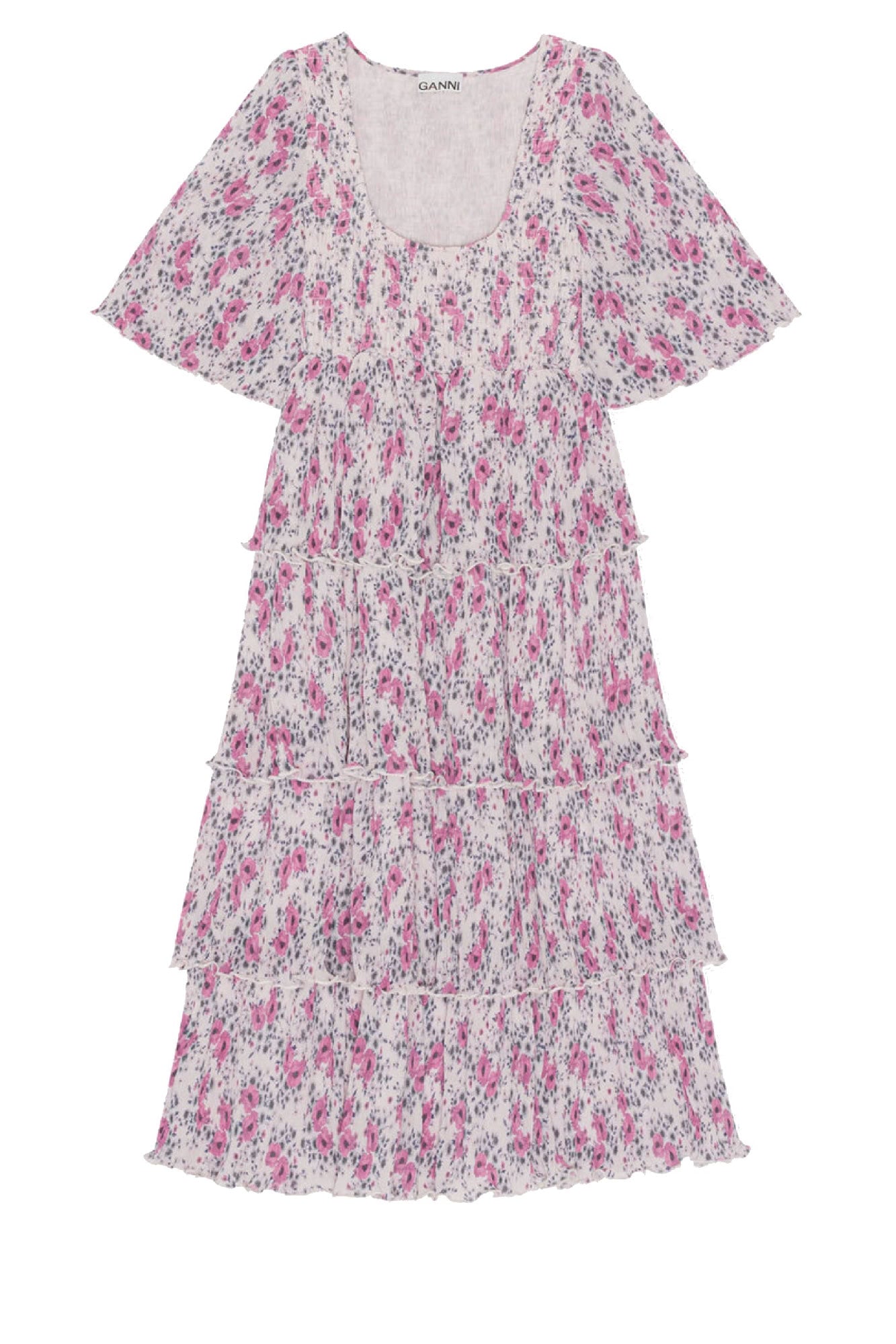 Robe midi smockée à volants en georgette plissée - Mauve Chalk