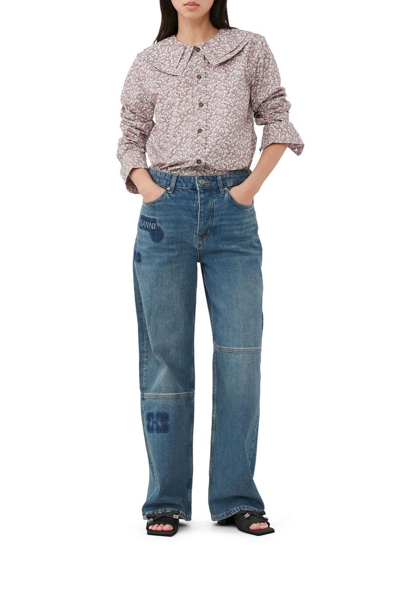 Double-neck printed cotton shirt - Frost Gray