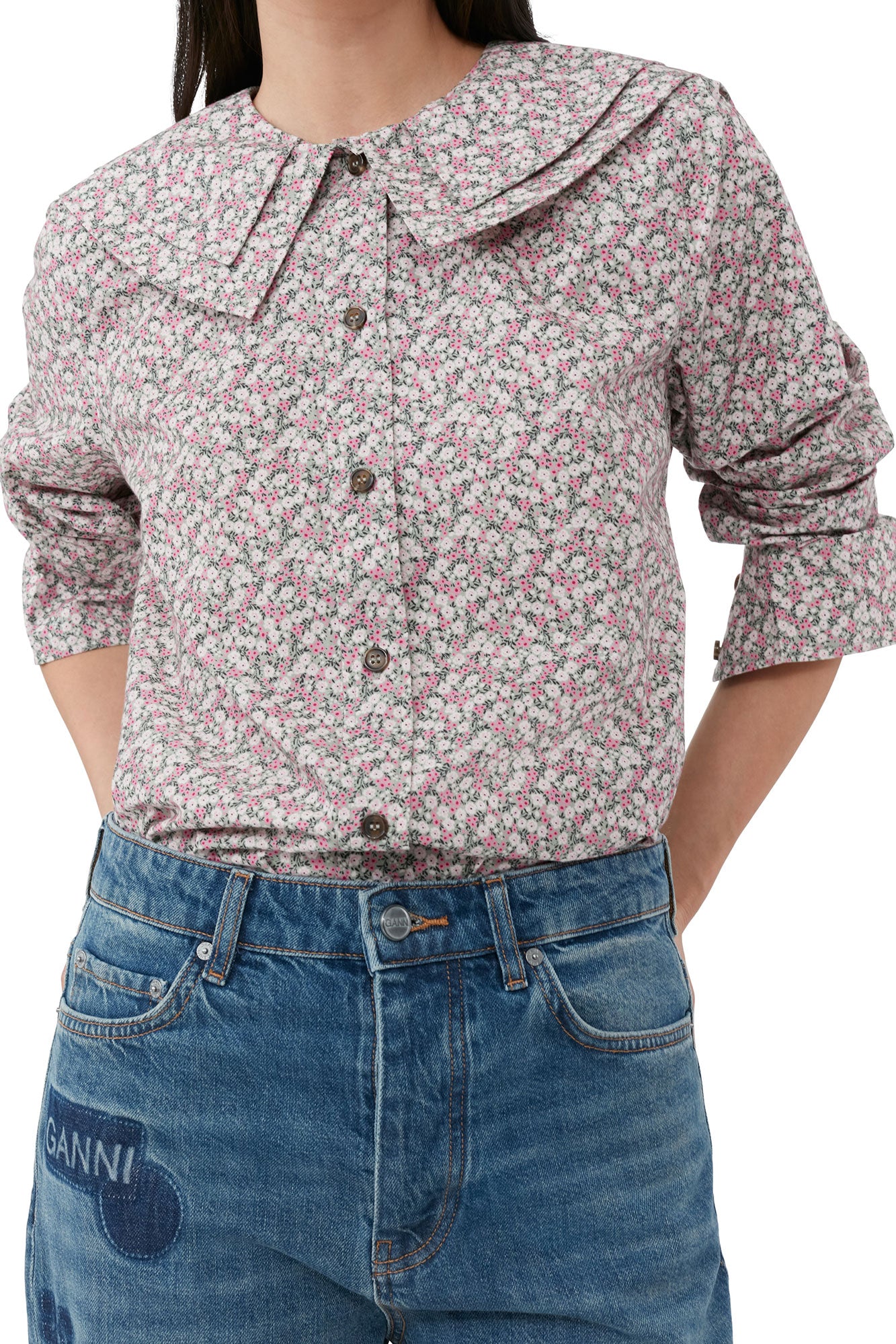Double-neck printed cotton shirt - Frost Gray