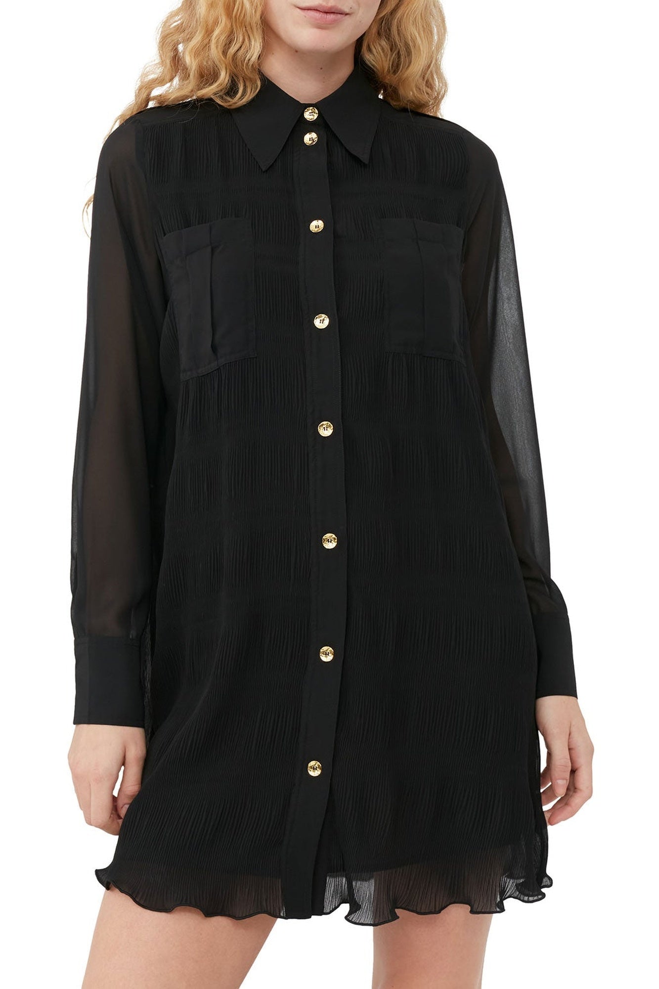 Robe chemise courte en georgette plissée - Black
