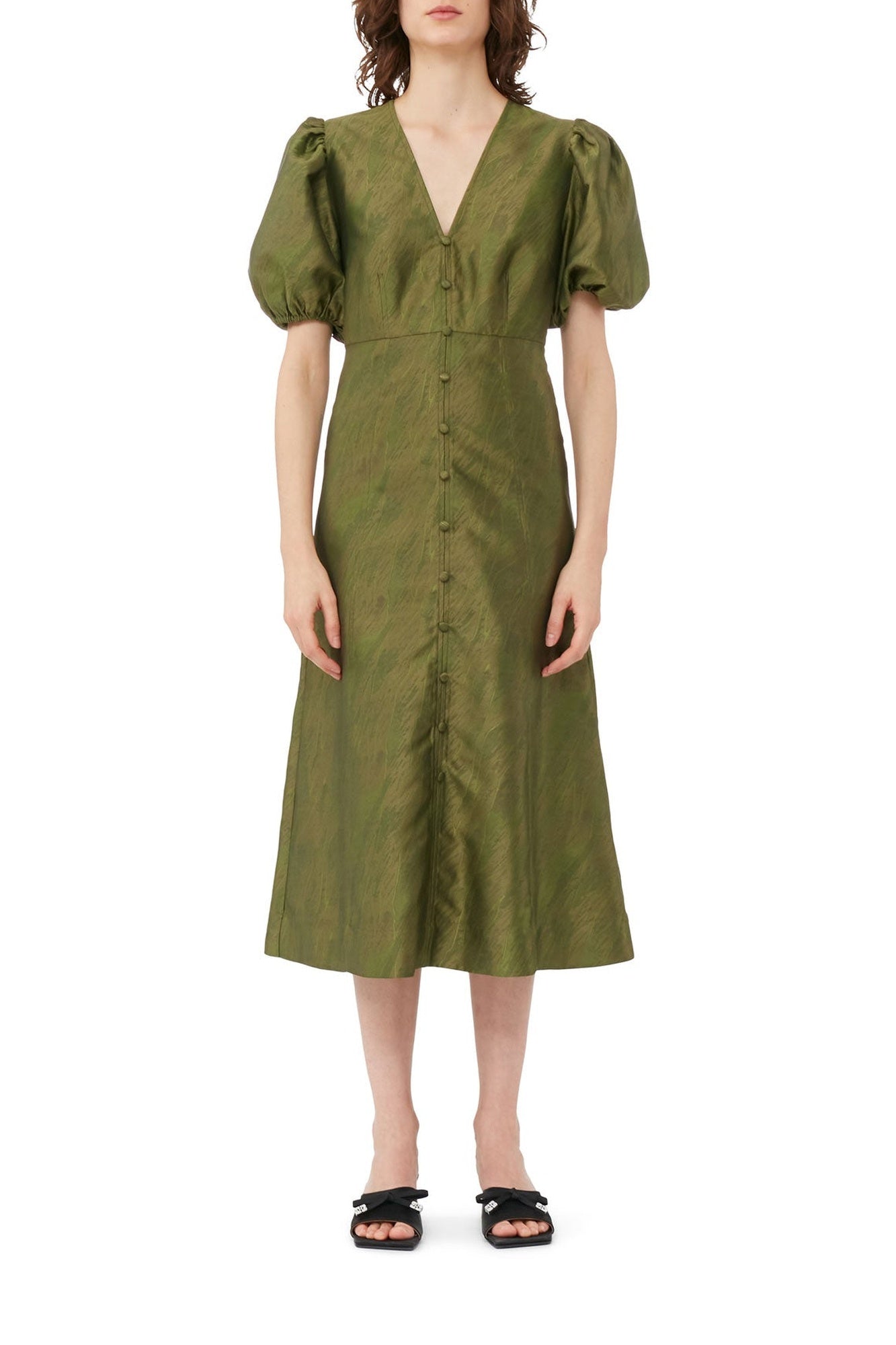Robe midi à col V en jacquard - Avocado