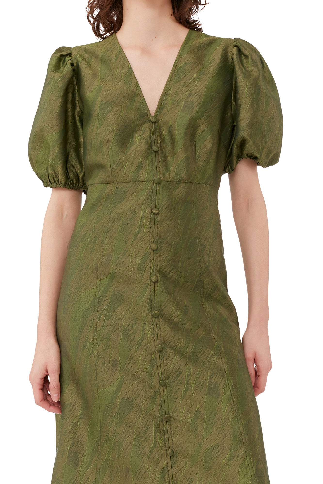 Robe midi à col V en jacquard - Avocado